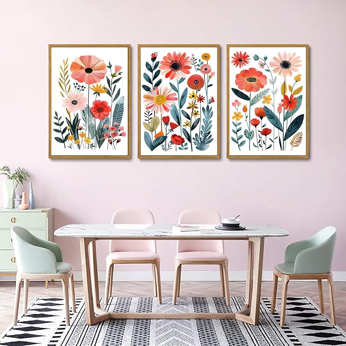 KISSFOX Framed Colorful Wildflower Canvas Wall Art Set Of 3 Flowers Pictures Prints Flowers Printing Floral Watercolors Flower wall Decor Living Room Girls Bedroom Bathroom