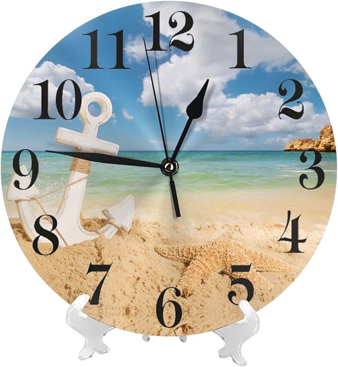 Nautical Anchor Starfish Sea Beach Wall Clock Battery Operated Silent Round Clock Wall Decor for Home Office School, 12 Inch