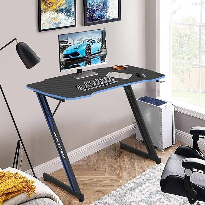 35 in Gaming Desk Z-Shaped Game Computer Desk with Hook Cheap PC Game Table Home Office Desks for Bed Sofa, Gaming Workstation for Kid, Easy to Install, Lightweight to Move, Blue