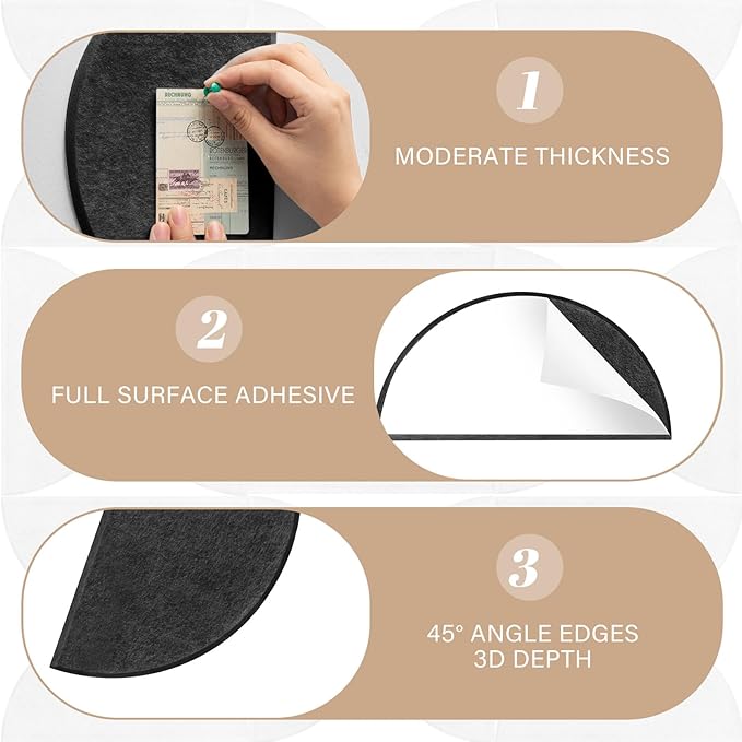 24 Pack Decorative Bulletin Board Felt Wall Tiles Bulk 11.8"x5.9" Semi-Circle Large Wall Art with Removable Adhesive Tabs for Customizable DIY Home Office Decoration Gift (Black)