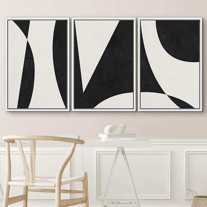 IDEA4WALL Framed Canvas Print Wall Art Set Art Deco Mid-Century Black White Polygons Abstract Shapes Illustrations Modern Art Contemporary for Living Room, Bedroom, Office - 16"x24"x3 White