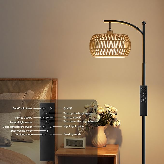 Ambimall Arc Floor Lamp for Living Room with Remote, Color Temperature & Brightness Adjustable, Bohemia Standing Lamp with Rattan & Fabric Double Drum Shades, Bulb Included(Black)