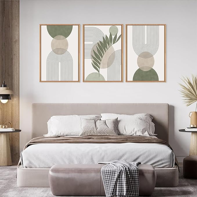 Framed Sage Green Boho Wall Art for Bedroom, Beige and Green 3 Piece Minimalist Artwork for Walls, Geometric Leaf Line Boho Small Paintings Prints for Hallway Kitchen Living Room Wall Decor, 12x16 In