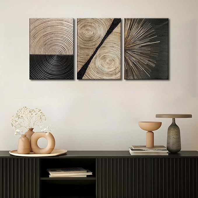 3Pcs Retro Wood grain Abstract Canvas Wall Art Minimalist Black Golden Line Texture Wall Decor Pictures Neutral Geometric Beige Brown Poster Prints for Living Room Bedroom Home Decoration 16x24in