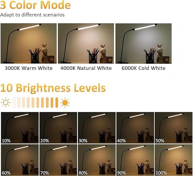 LED Clip on Light 8W Reading Lights for Books in Bed, Adjustable 3 Modes 10 Brightness Dimmable Clamp Lamp, Flexible Book Light Clip on for Bed Workbench Drafting, 580LM, USB Adapter Included