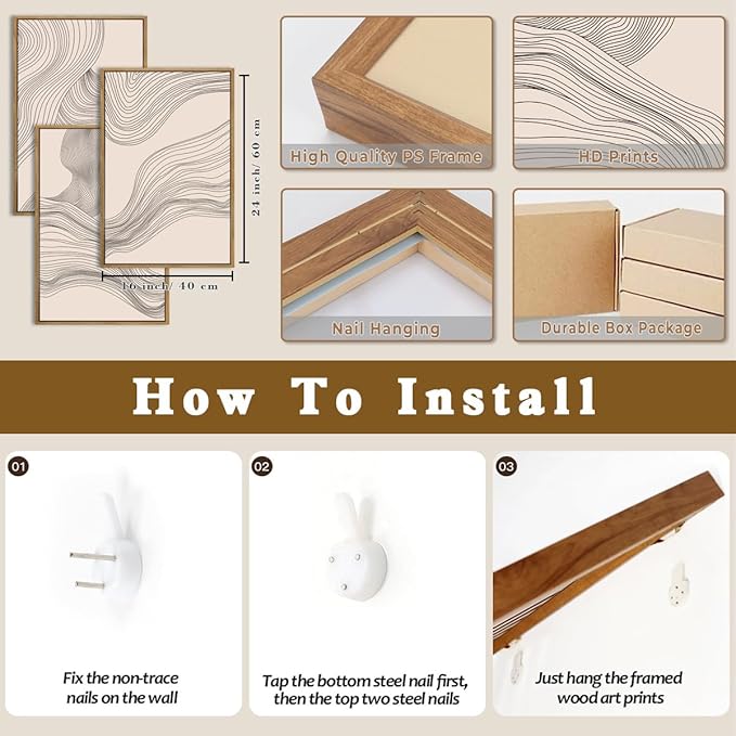 Beige Abstract Wall Art Framed Neutral Modern Canvas Wall Decor Minimalist Line Wave Painting16x24 Inch Pictures Set of 3 for Living Room Bedroom Dining Room