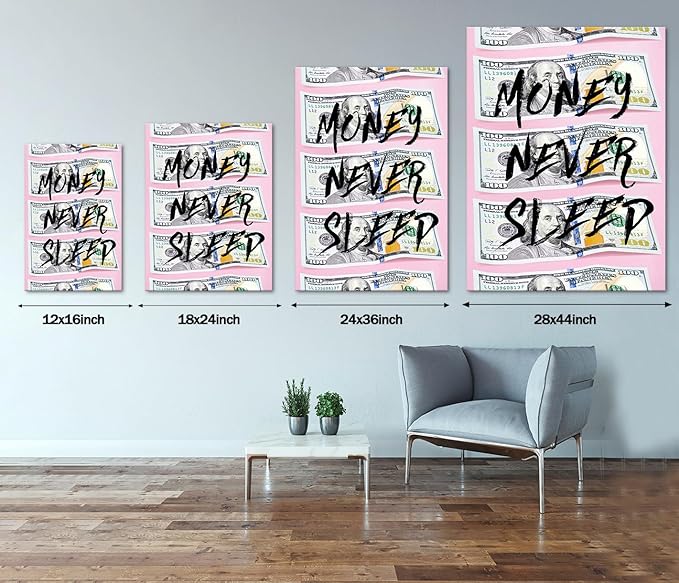 Money Wall Art - Pink 100 Dollar Bills Wall Decor Money Never Sleeps Poster Motivational Financial Quote Artwork Modern Framed Inspirational Canvas Print for Office & Home Decorations, 24"x36"