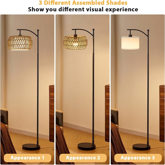 Ambimall Arc Floor Lamp for Living Room with Remote, Color Temperature & Brightness Adjustable, Bohemia Standing Lamp with Rattan & Fabric Double Drum Shades, Bulb Included(Black)