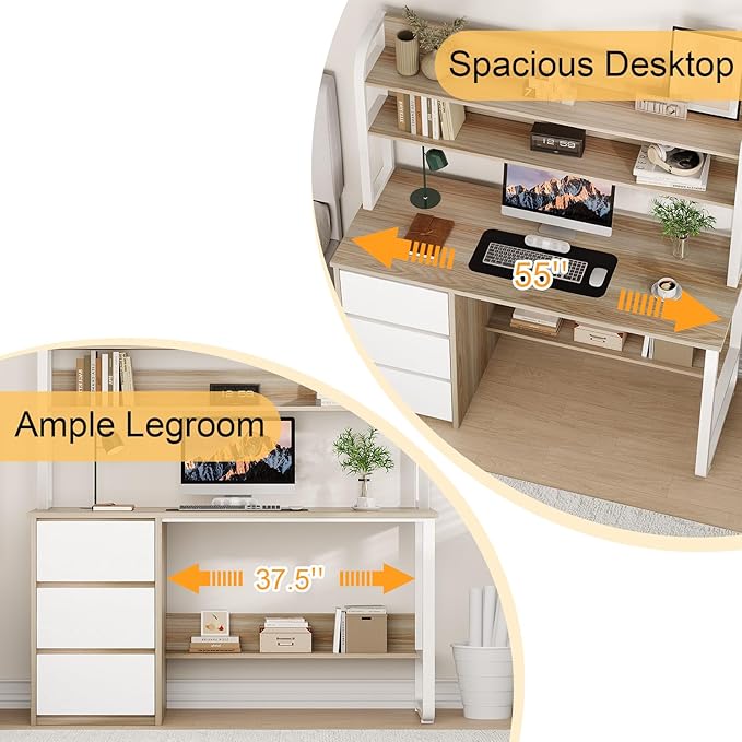 Computer Desk with 3 Drawers and Shelves, 55 Inch Desk with Hutch for Small Spaces, Study Writing Desk with Shelves for Bedrrom, Adjustable Feet, Walnut