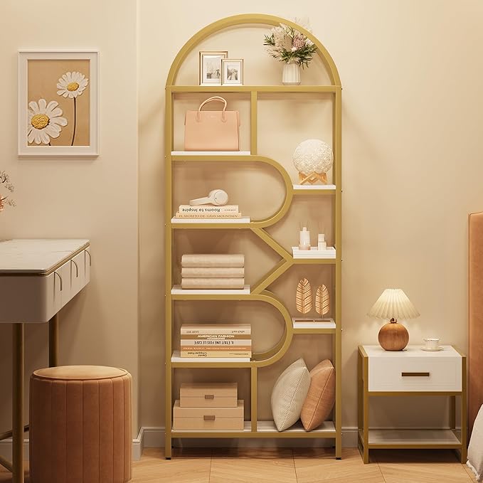 IDEALHOUSE Bookshelf 6 Tier Arched Bookcase 81.7in Tall Display Racks Geometric Open Storage Shelf Unique Book Rack Metal Frame Large Modern Book Shelf for Bedroom, Living Room, Home Office
