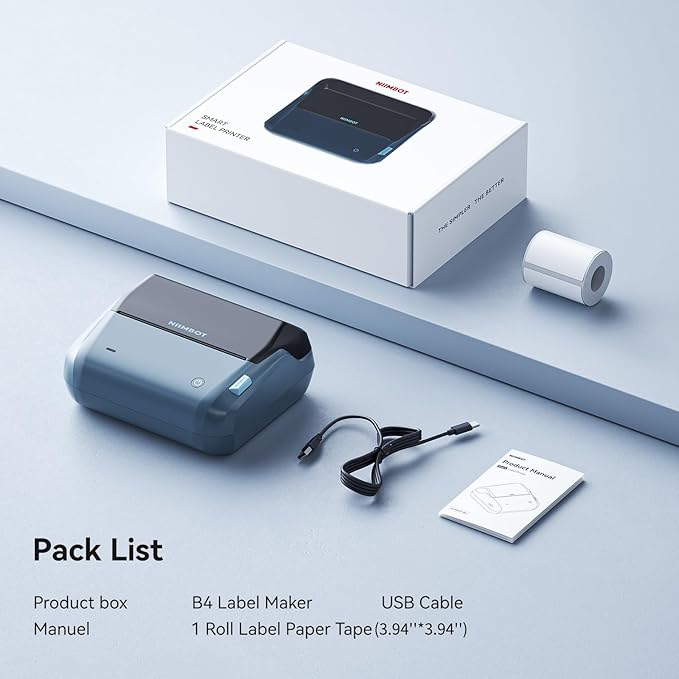 NIIMBOT 4 Inch Thermal Label Maker, B4 Bluetooth Label Printer for Shipping Packages, Small Business, Home, Office, Portable Sticker Maker with 1 Roll 3.94'' x3.94'' Label-75pcs/roll