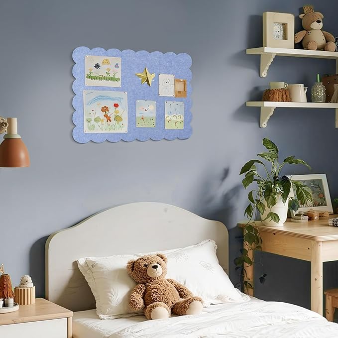 Scalloped Bulletin Board, 24 x 18 Inches Felt Pin Board - Decorative Cork Alternative for Wall, Foldable Picture Self-Adhesive Vision Prayer Board with 20 Pushpins - Lavender Blue