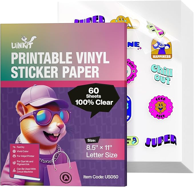 Uinkit 100% Clear Sticker Paper - Letter Size 8.5"x11" | works with Inkjet Printers | Removable, Non-Yellowing & Waterproof | For Product Package, Glass Jars & Invisible Branding | 60 Sheets