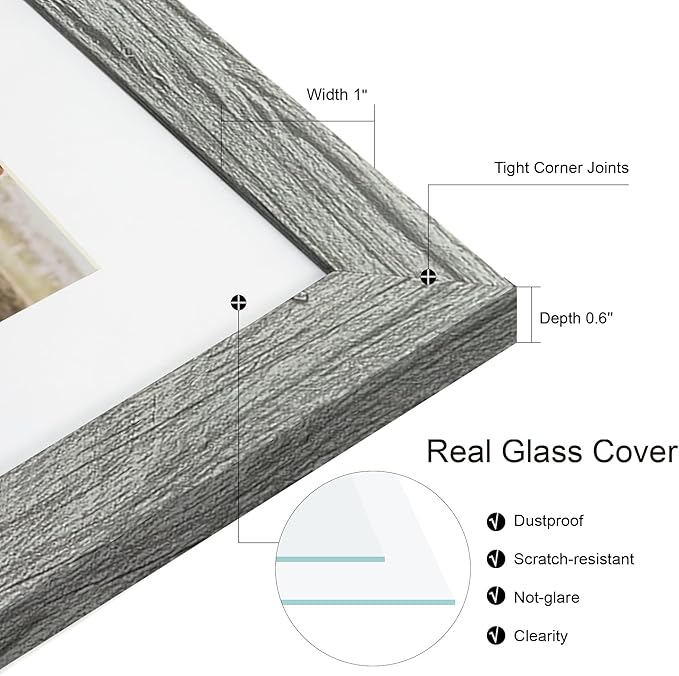 12x22 Picture Frame Set of 2, Grey with Glass Collage Frame, Display Eight Opening 4x6 Photos With Mat or 12 x 22 Newspaper Without Mat - Horizontal or Vertical Wall Mounting