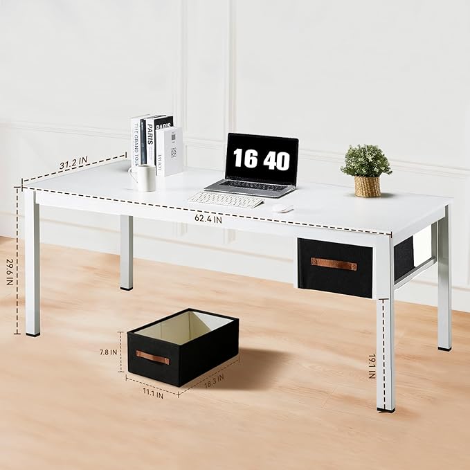 White Computer Desk with Drawer, 63 Inch Large Home Office Work Desks, Modern Writing Study PC Desk Gaming Table for Bedroom Home, Stable Thick Metal Legs Frame Support