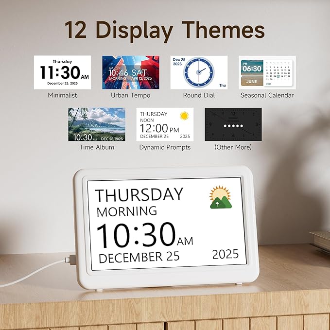 Raynic Digital Clock, 7" Digital Calendar Day Clock for Seniors, Dementia Clock with 20 Custom Alarms & Reminders,12 Themes, Auto DST, Dimmable Dementia Alzheimer's Clock for Elderly