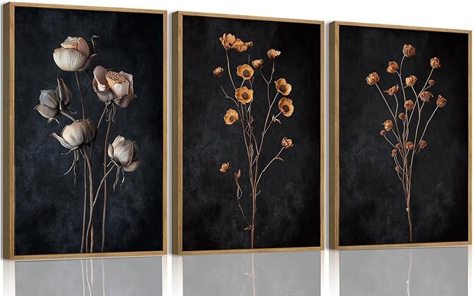 KISSFOX 3 Piece Moody Dried Flower Canvas Wall Art For Bedroom Dark Vintage Floral Framed Wall Art Rustic Aesthetic Botanical Art Prints for Living Room Bathroom,12x16 in