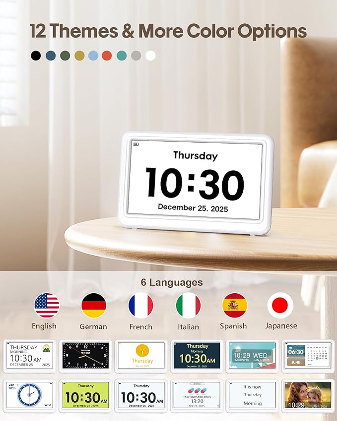 Digital Clock with Date and Day of Week, Dementia Clocks Battery Operated Alarm Clock with 20 Alarms and Medicine Reminders, 7" Large Display Desk Clock for Elderly, White (With Rechargeable Battery)