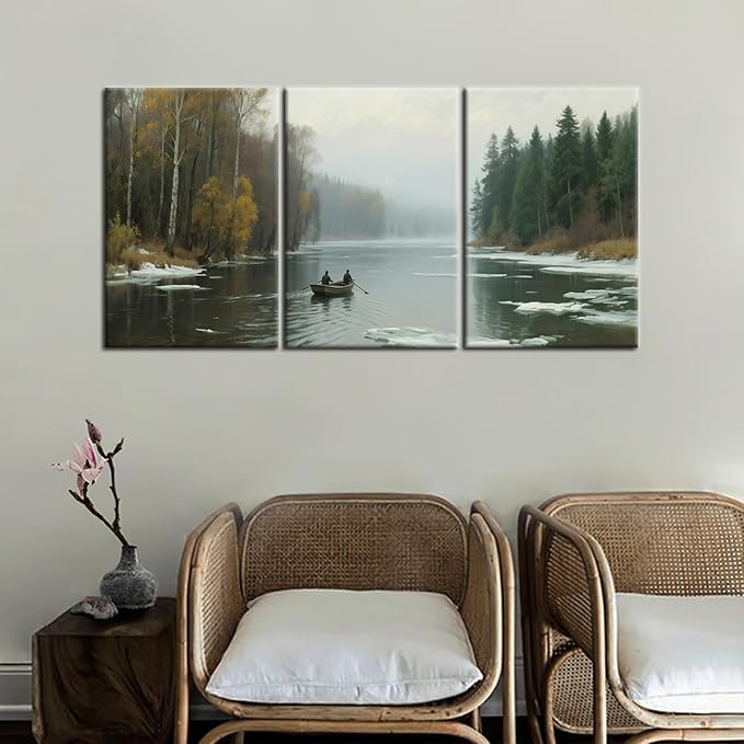 Nature Landscape Canvas Wall Art Mountain Forest Picture Painting River Scenery Posters Print Artwork for Home Bedroom Office Gallery Vintage Artwork for Walls Stretched and Framed [48''Wx24''H]