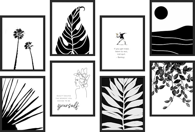SIGNWIN Framed Poster Bathroom Decor, Wall Art Room Decor Multicolor for Living Room, Bedroom, Office Black White Duotone Tropical Palm Landscape Nature Abstract Shapes - 12"x16"x 8 Black