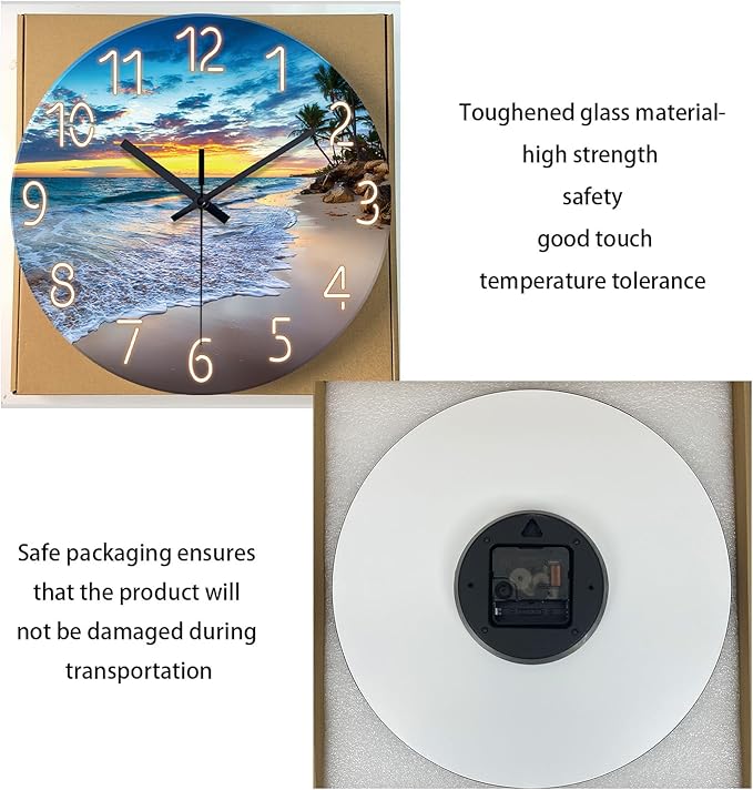 Palm Tree Clocks Battery Operated 12 Inch Glass Blue Wall Clock Non Ticking Beach Wall Clock for Bedroom