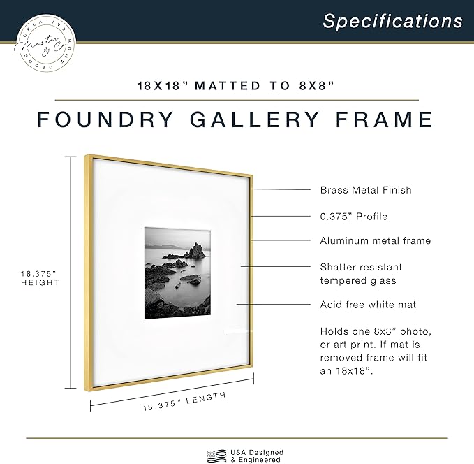 MCS Master & Co. Foundry Metal 18x18 Matted Picture Frame with 8x8 Photo Display, Brass Vertical & Horizontal Wall Hanging Frame for Photos & Artwork (1-Pack)