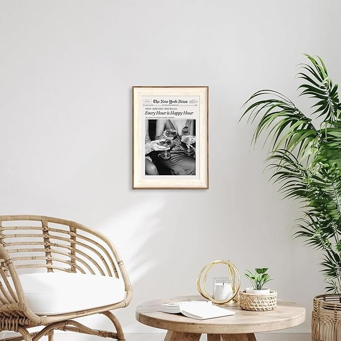 ASTRDECOR Framed Trendy NewsPaper Wall Art - Every Hour is Happy Hour, Retro News Prints Posters, New York Times Canvas Prints for Bar Cart Dorm Living Room Apartment Home Decor 12x16in