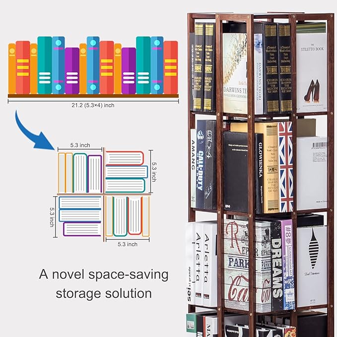 COPREE 5 Tier Rolling Bookcase, Bamboo 360 Rotating Bookshelf, Freestanding Storage Organizer Holder Book Rack with Wheels for Bedroom, Living Room Home and Office