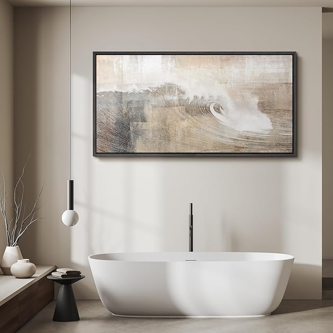 SIGNFORD Extra Large Framed Canvas Neutral Ocean Wave Abstract Illustrations Modern Art Calm Warm for Living Room, Bedroom, Office - 60"x30"
