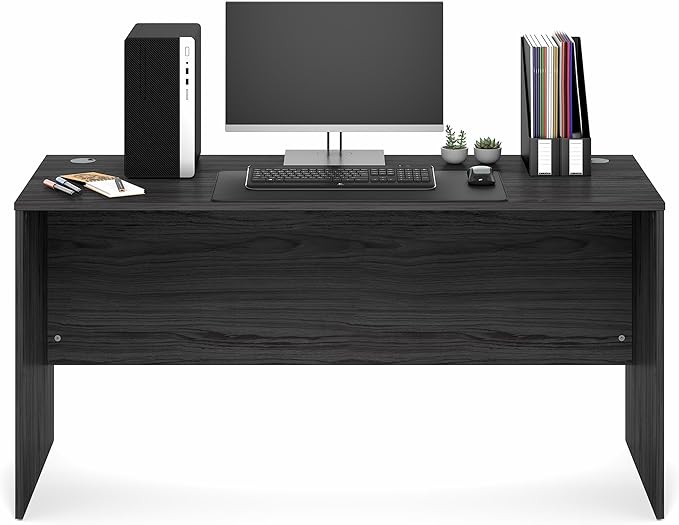 Furinno Roger Computer Desk, 60 Inch Rectangular Executive Desk with Modesty Panel, Home Office Desk with Thick Tabletop, Desk Cord Grommet, Scratchproof, for Home Study, Office, Coastal Grey