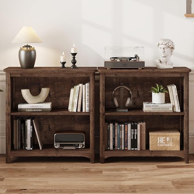 BON AUGURE Bookcase, Open Storage Book Cases/Shelves, Floor Standing 2 Shelf Bookshelf for Farmhouse Living Room, Library Office, Bedroom, Kids (Rustic Oak, 30 in)
