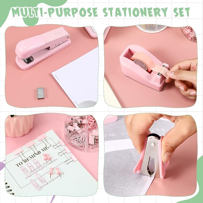Sabary Office Supplies Set Desk Accessory Kit Include Stapler, Staples, Staple Remover, Tape Dispenser, 22 Binder Clips, 30 Paper Clips, 20 Push Pins, 2 Rolls Tape, for Women (Pink)
