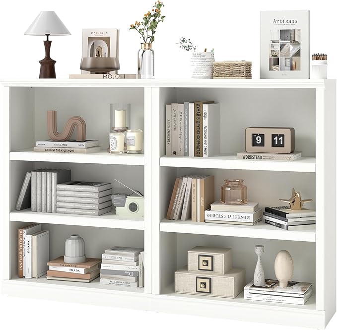 blini White Bookshelf and Bookcase Set of 2, Double Wide Large Bookshelves Wooden 3 Tier Tall Bookshelf with Storage Cabinets for Living Room, Home Office, Library (White, 3-Shelf)