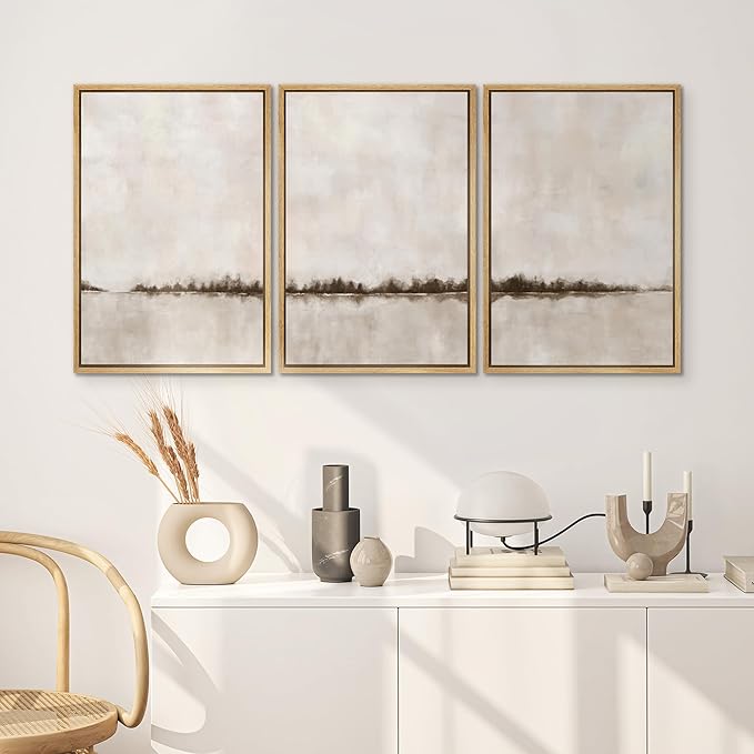 SIGNWIN Framed Canvas Print Wall Art Set Brown Tan Pastel Watercolor Grunge Landscape Abstract Shapes Illustrations Decorative Relax/Calm Zen for Living Room, Bedroom, Office - 24"x36"x3 Natural