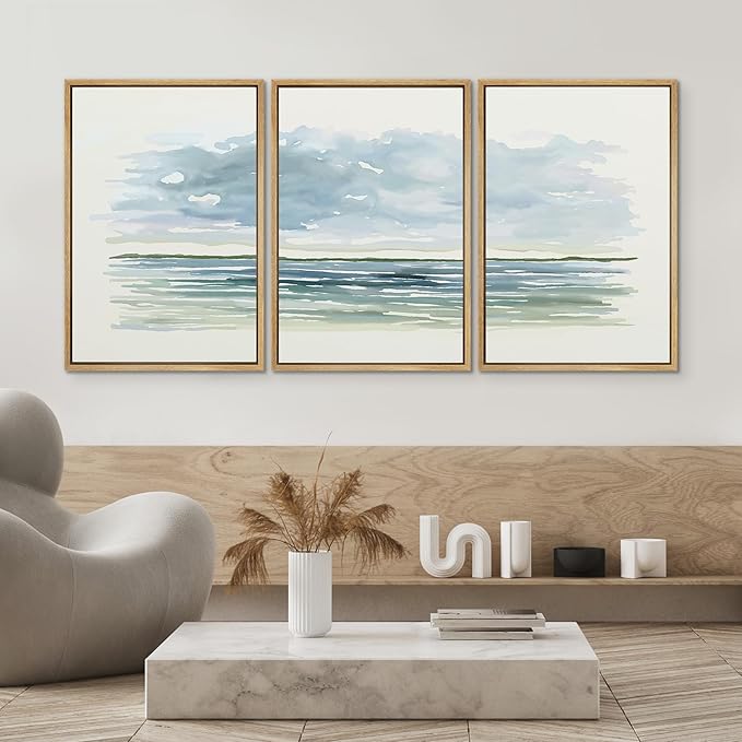 SIGNWIN Framed Canvas Print Wall Art Set Blue Watercolor Ocean Scene Coastal Beach Horizon Illustrations Modern Art Decorative Abstract for Living Room, Bedroom, Office - 24"x36"x3 Natural