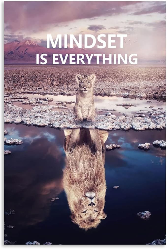 Motivational Canvas Painting Animal Poster Little Lion and Big Lion Mindset is Everything Wall Art Printing Office Decoration Frame[12''W X 18''H]