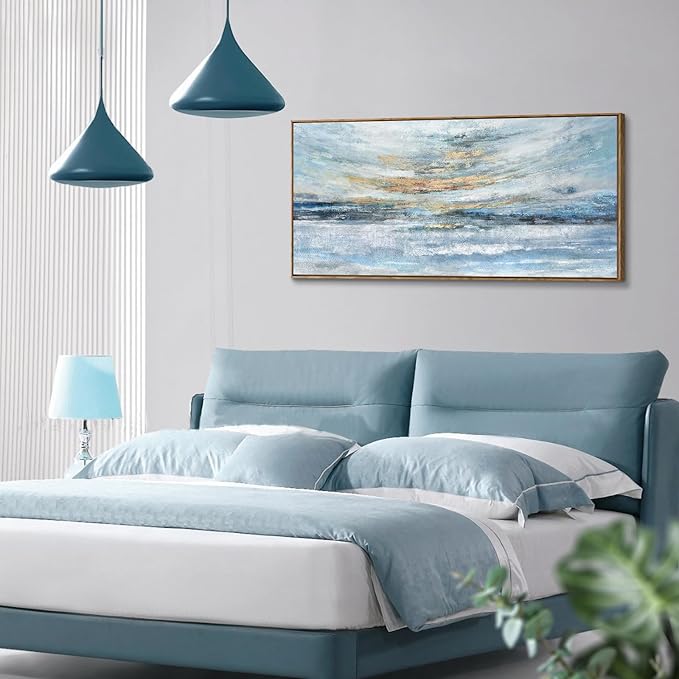Nicetop Large Wall Art Canvas for Living Room, Framed Abstract Coastal Painting - 48x24 Inch Modern Light Blue and Gold Sunset Print, Ready to Hang Décor for Bedroom, Office, Bathroom, Dining Room Wall