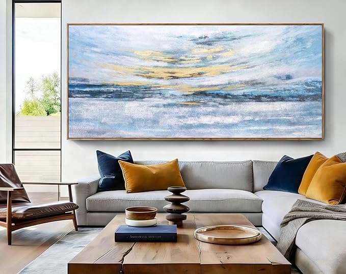 Nicetop 86x39 Extra Large Abstract Ocean Sunset Wall Art, Hand-Applied Gold Foil & Hand-Painted Texture, Serene Coastal Oil Painting, Natural Wood Frame, Modern Decor for Living Room Bedroom Office