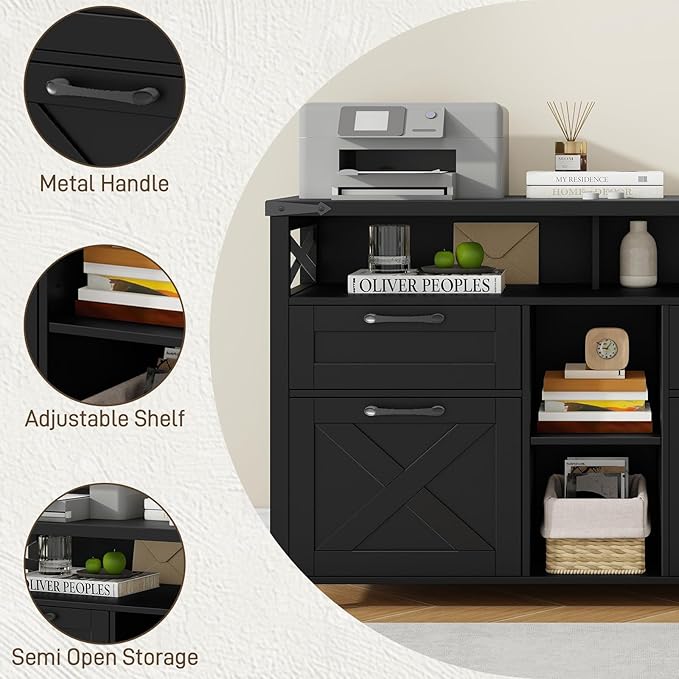 Farmhouse Filing Cabinet with Adjustable Shelf for Home Office, Lateral File Cabinets 4 Drawers with Open Storage Shelf, Filing Organization Storage Cabinets for Hanging Files Letter/A4.Pure Black