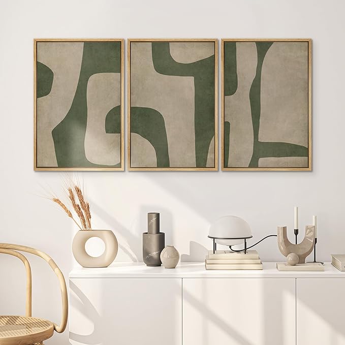 SIGNWIN Framed Canvas Print Wall Art Set Abstract Geometric Green and Beige Tones Illustrations Modern Art Decorative Boho Relax/Zen Nordic for Living Room, Bedroom, Office - 16"x24"x3 Natural