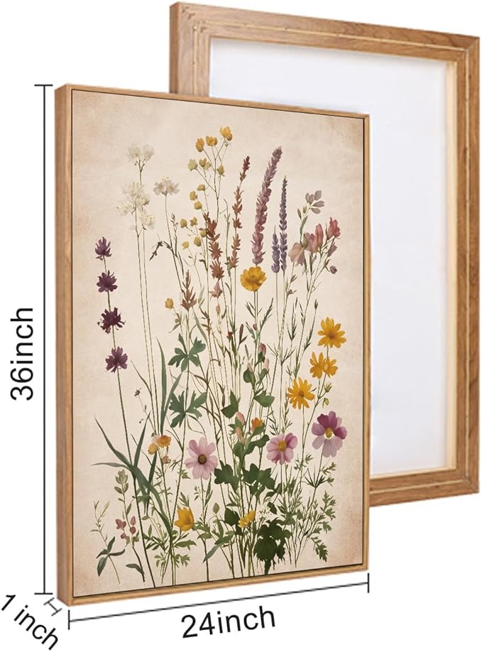 Vintage Wildflower Watercolor Framed Canvas Wall Art Set, Retro Flower Botanical Wall Decor, Colorful Floral Wall Painting, Flower Illustration Art Prints for Living Room, Bedroom 24"x36"x3