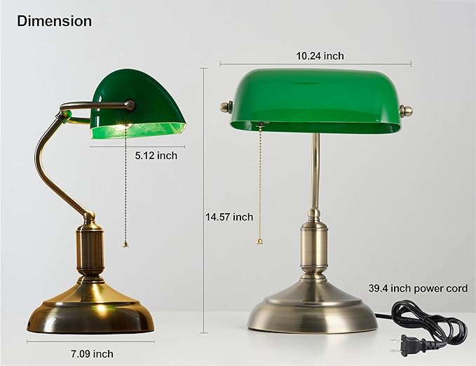Bankers Lamp, Green Desk Lamp with Pull Chain Switch, 3 Lighting Color Mid Century Banker's Desk Light for Home Office Library Christmas (Green Plastic Lampshade)
