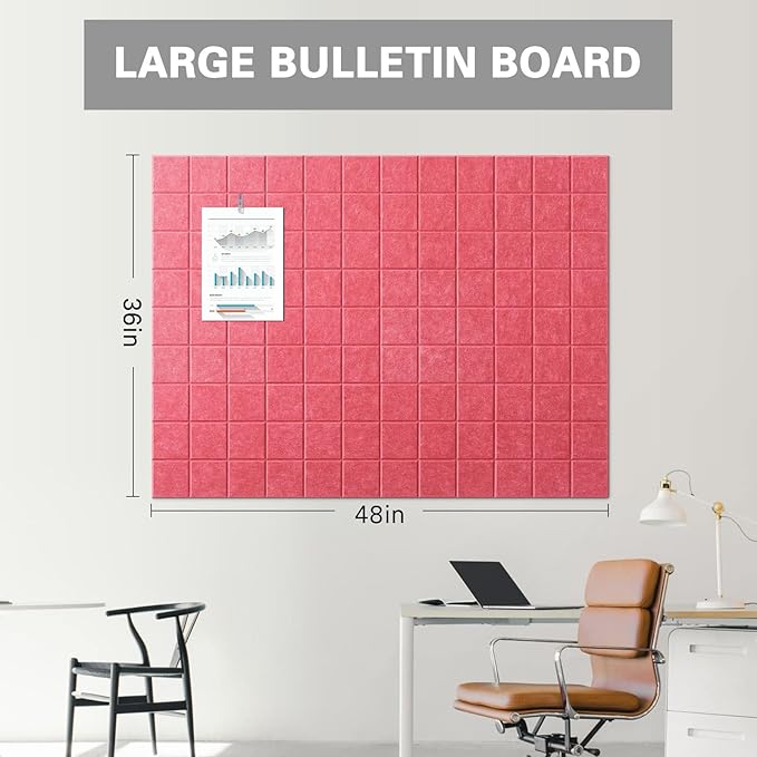 Large Cork Board, 12 Pack Felt Wall Tiles with Safe Removable Adhesive, Bulletin Board for Office, Pin Tack Corkboard for Quilting Design & Dart Wall Protector 48" x 36" - Light Crimson