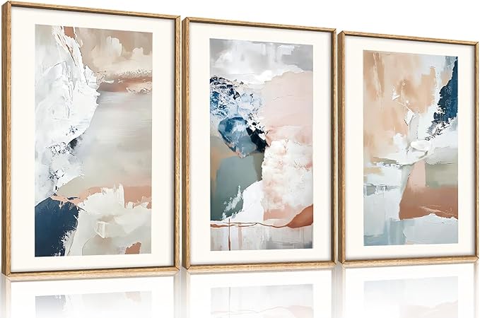 Abstract Brush Strokes Framed Canvas Wall Art,Neutral Navy Blue Wall Decor,Modern Pastel Wall Painting,Grey White Toned Artwork for Living Room,Bedroom,Dining Room,Office -12"x16"x3