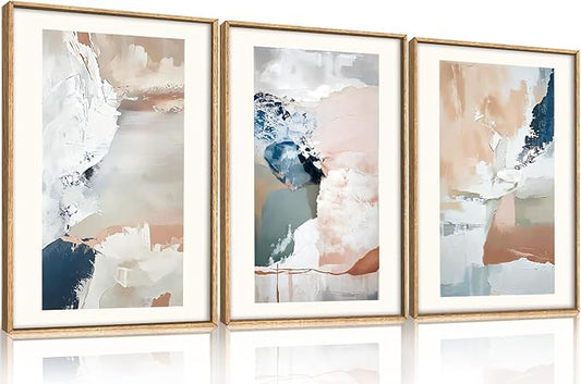 Abstract Brush Strokes Framed Canvas Wall Art,Neutral Navy Blue Wall Decor,Modern Pastel Wall Painting,Grey White Toned Artwork for Living Room,Bedroom,Dining Room,Office -12"x16"x3