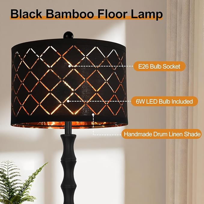 Gothic Vintage Floor Lamp for Living Room Bedroom,Black Standing Tall Lamp with Drum Lampshade,Farmhouse Unique Floor Lamps,Mid Century Modern Iron Floor Lamp for Office Corner(Bulb Included)
