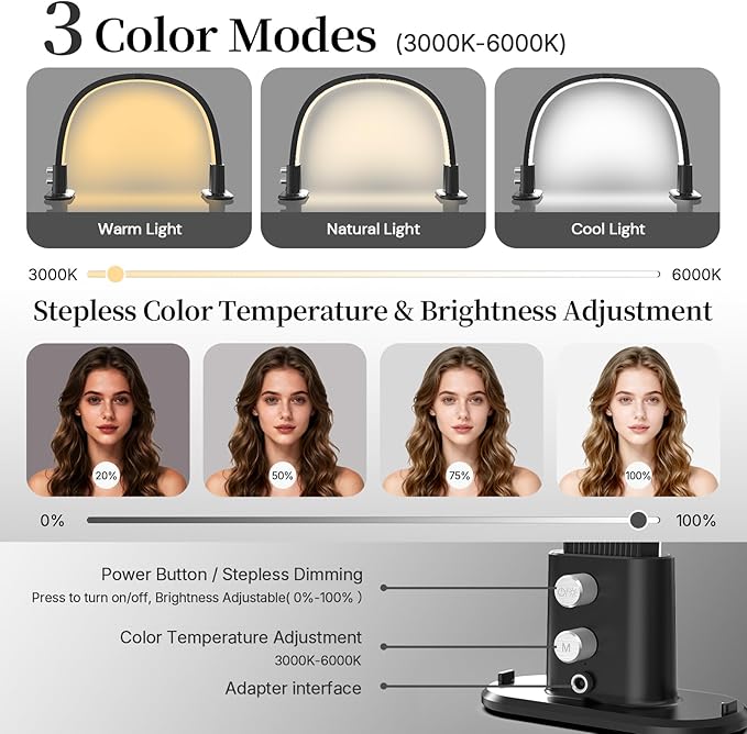 BLUVALL Half Moon Nail Lamp for Desk Portable Nail Desk Lamp with Phone Holder, Stepless Adjustment of Brightness and Color Temperature Desk Lamp for Nail Tech, Eyelash, Tattoo, Makeup (Black)