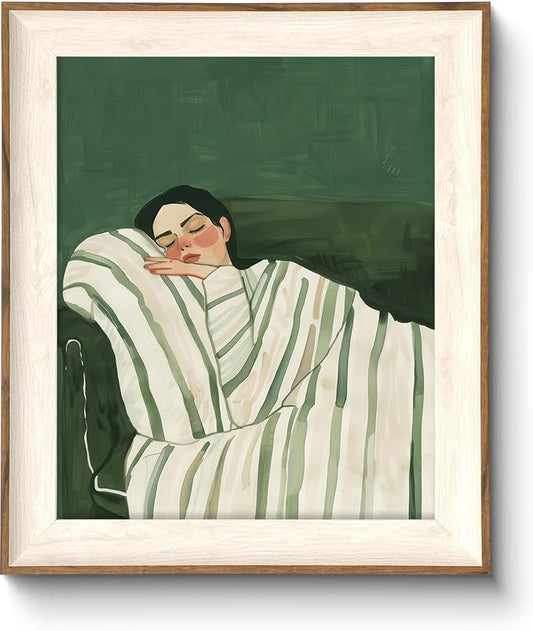 ASTRDECOR Minimalist Framed Wall Art - Cozy Woman Sleeping on Couch, Emerald Green & White Striped Blanket, Modern Aesthetic Bedroom or Living Room Décor, Eclectic Canvas Art Prints for Apartment 10x12Inch