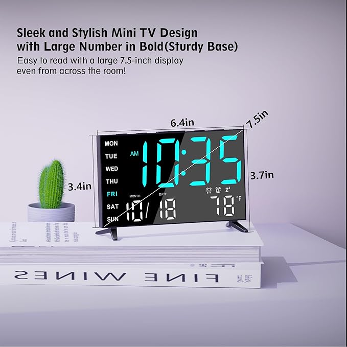 Mirror Digital Loud Alarm Clock,Indoor Temperature,USB Charging Port,Dimmer,Dual Alarms,Adjustable Volum,12/24H,Snooze,Perfect for Bedroom and Living Room (Black+Ice Blue Digit)