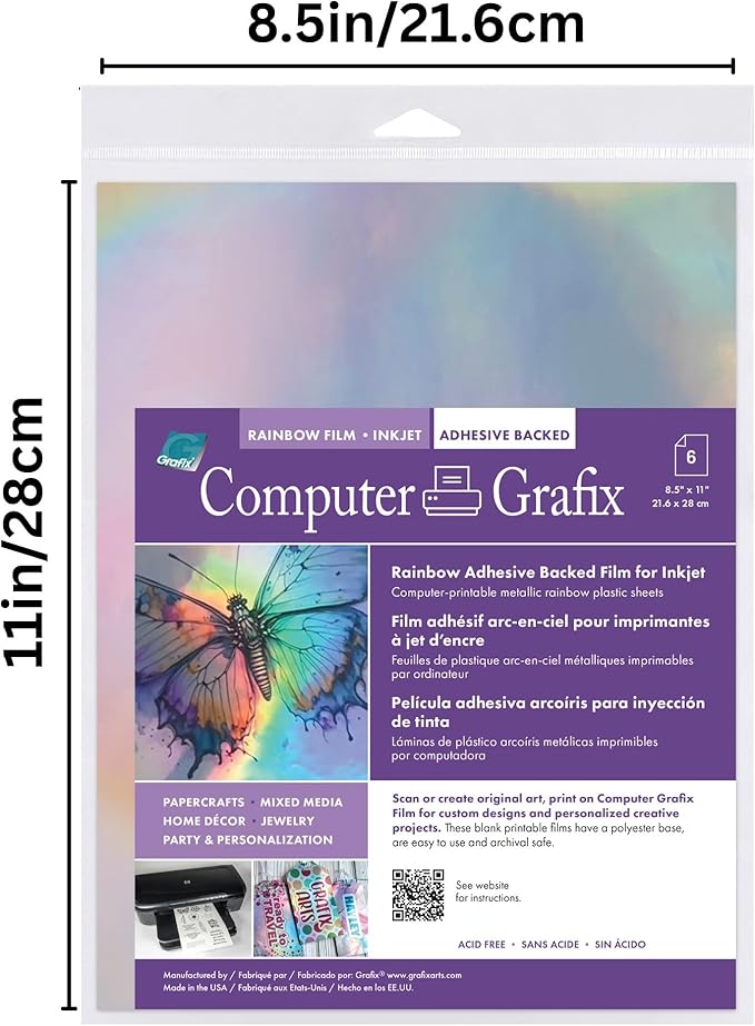 Computer Grafix Adhesive Backed Inkjet Film - Self-Stick Printable Film for Creating Custom Journals, Stickers, Photos, Jewelry and More, Ink Jet Printers Only 8.5 x 11”, Rainbow, 6 Pack